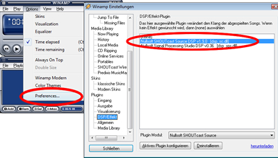 Konfiguration des Winamp/Shoutcast - Preferences